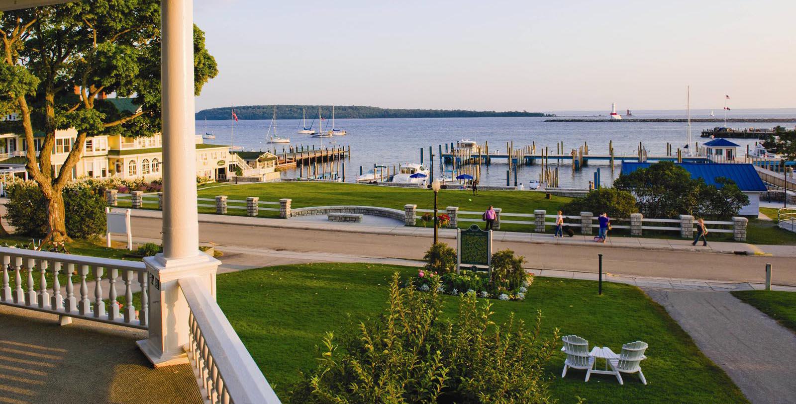 Image of Marina View from Front Porch, Island House Hotel in Mackinac Island, Michigan, 1852, Member of Historic Hotels of America, Explore