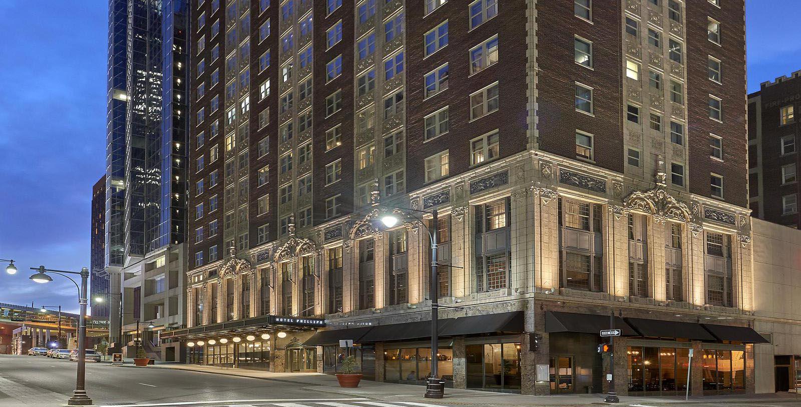 Image of Exterior at Night, Hotel Phillips Kansas City, Missouri, 1931, Curio Collection by Hilton, Member of Historic Hotels of America, Explore
