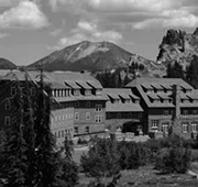 Historic image of the exterior of the Crater Lake Lodge