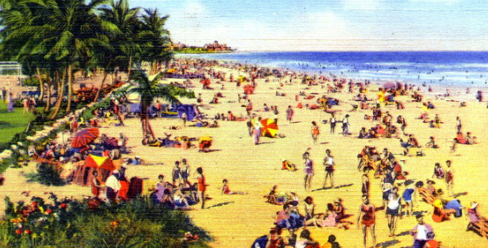 Image of South Beach, Miami, an illustrated postcard from the 1950s