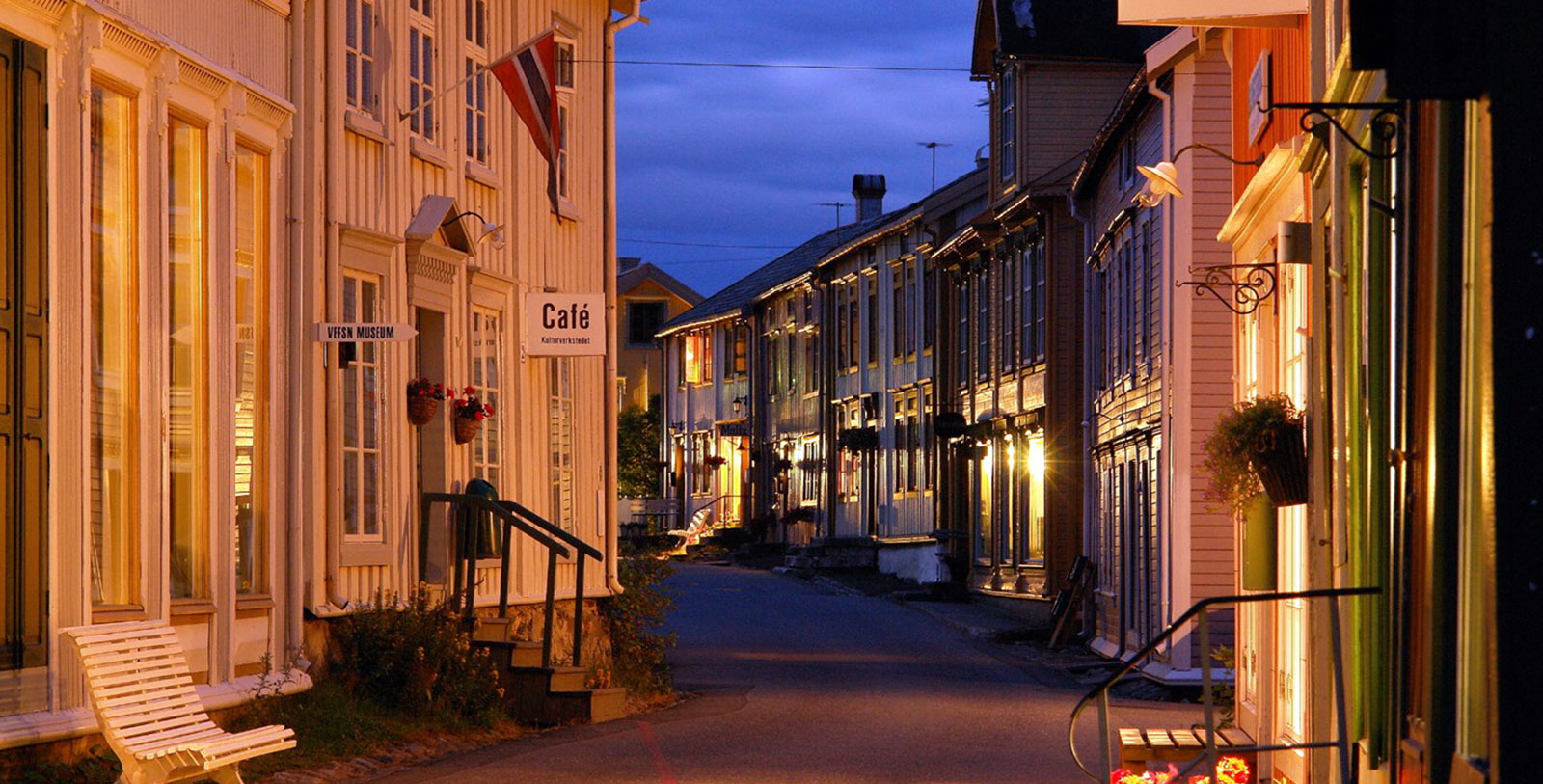 Image of Hotel Street at Night, Fru Haugans Hotel, Mosjoen, Norway, 1794, Member of Historic Hotels Worldwide, Experience