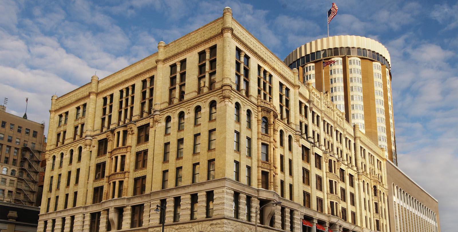 Image of Hotel Exterior The Pfister Hotel, 1893, Member of Historic Hotels of America, in Milwaukee, Wisconsin, Special Offers, Discounted Rates, Families, Romantic Escape, Honeymoons, Anniversaries, Reunions