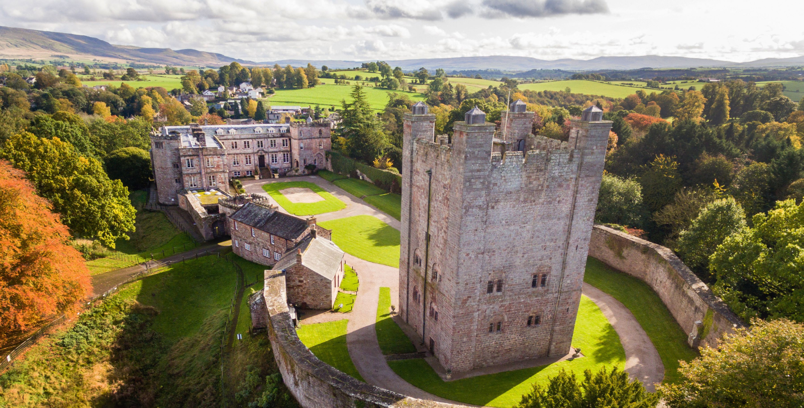 Image of aerial view of Appleby Castle in Cumbria, England, constructed in the 12th century, opened in 2017, and a member of Historic Hotels of America since 2023