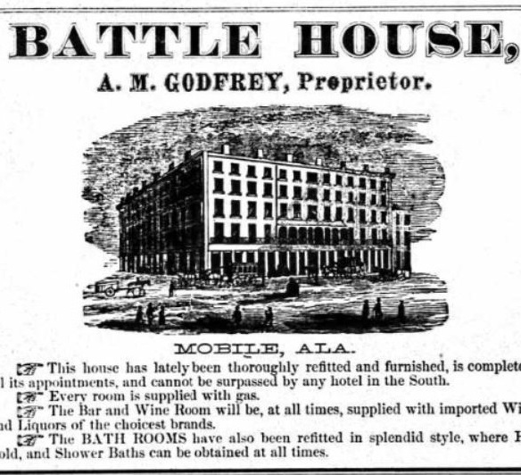 Historical Image of Hotel Advertisement, Battle House Renaissance Mobile Hotel & Spa, 1852, Member of Historic Hotels of America, in Mobile, Alabama.