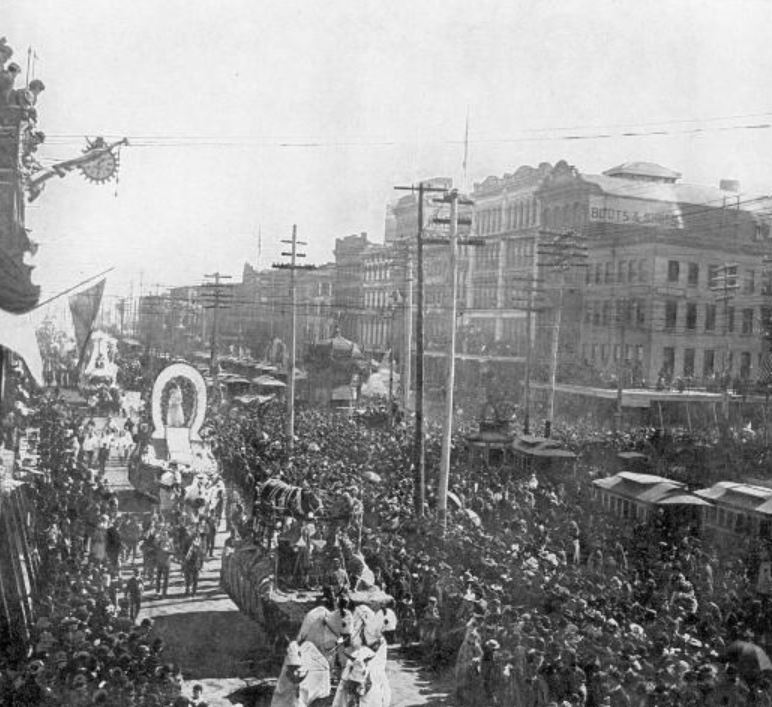 Historical Image of Mardi Gras Celebration in New Orleans, Bienville House, 1835, Member of Historic Hotels of America, in New Orleans, Louisiana.