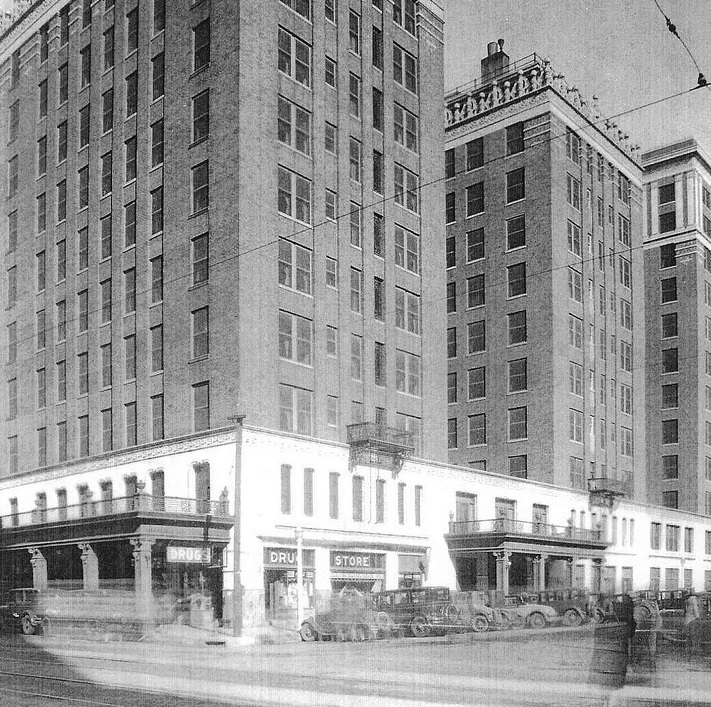 Historical Image of Exterior from Left Angle, The Skirvin Hilton Oklahoma City, 1911, Member of Historic Hotels of America, in Oklahoma City, Oklahoma.