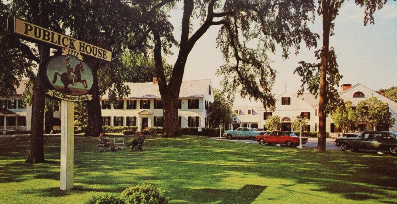 Historical Image of Exterior with Signage, Publick House Historic Inn, 1771, Member of Historic Hotels of America, in Sturbridge, Massachusetts.