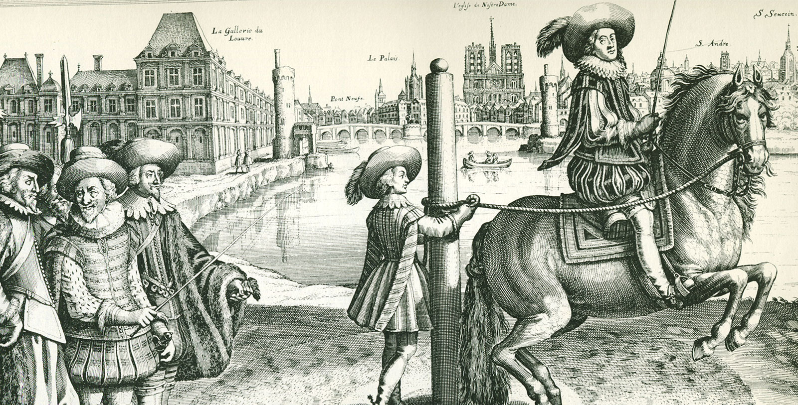 Historic engraving from L’Instruction du Roy en l’exercice de monter à cheval by Antoine de Pluvinel, Hotel Regina Louvre, Paris, France