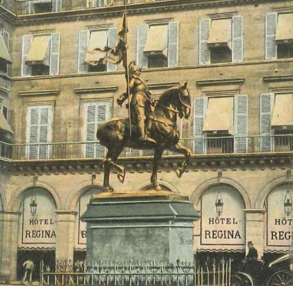 Historical Image of Joan of Arc Statue in Front of Hotel Regina Louvre, 1900, Member of Historic Hotels Worldwide, in Paris, France.
