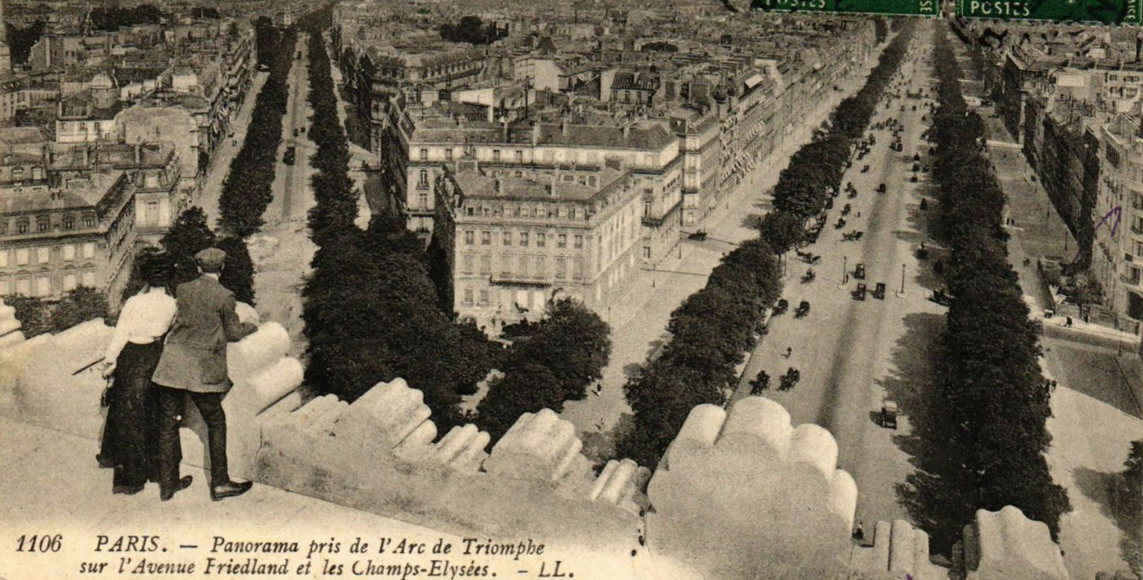 Historical image of postcard depicting a couple atop the Arc de Triomphe, Hotel Napoleon Paris, France, 1928, Member of Historic Hotels Worldwide, Discover
