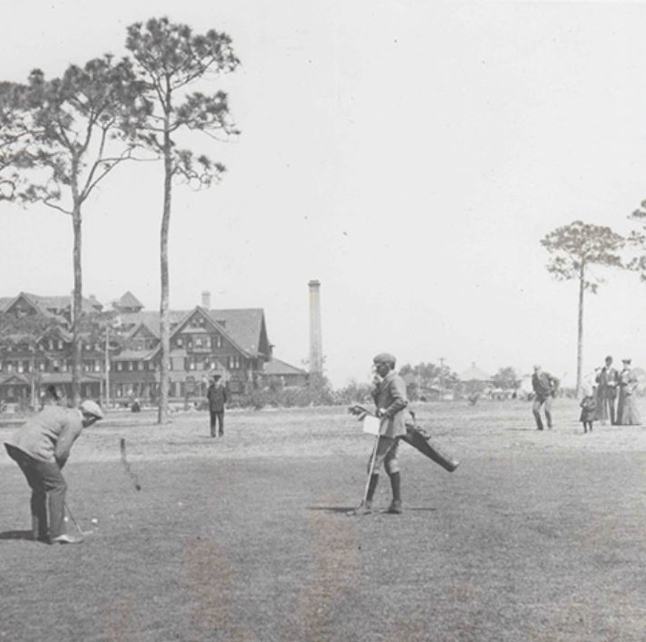 Historical Image of Golf Course and Exterior, Belleview Inn, 1897, Member of Historic Hotels of America, in Belleair, Florida.