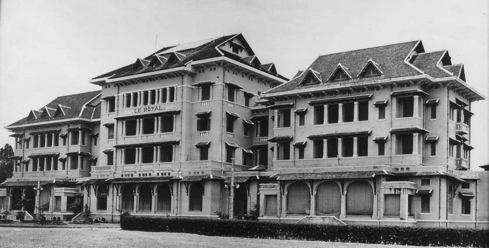 Historical Drawing of Exterior, Raffles Hotel Le Royal, 1929, Member of Historic Hotels Worldwide, in Phnom Penh, Cambodia.