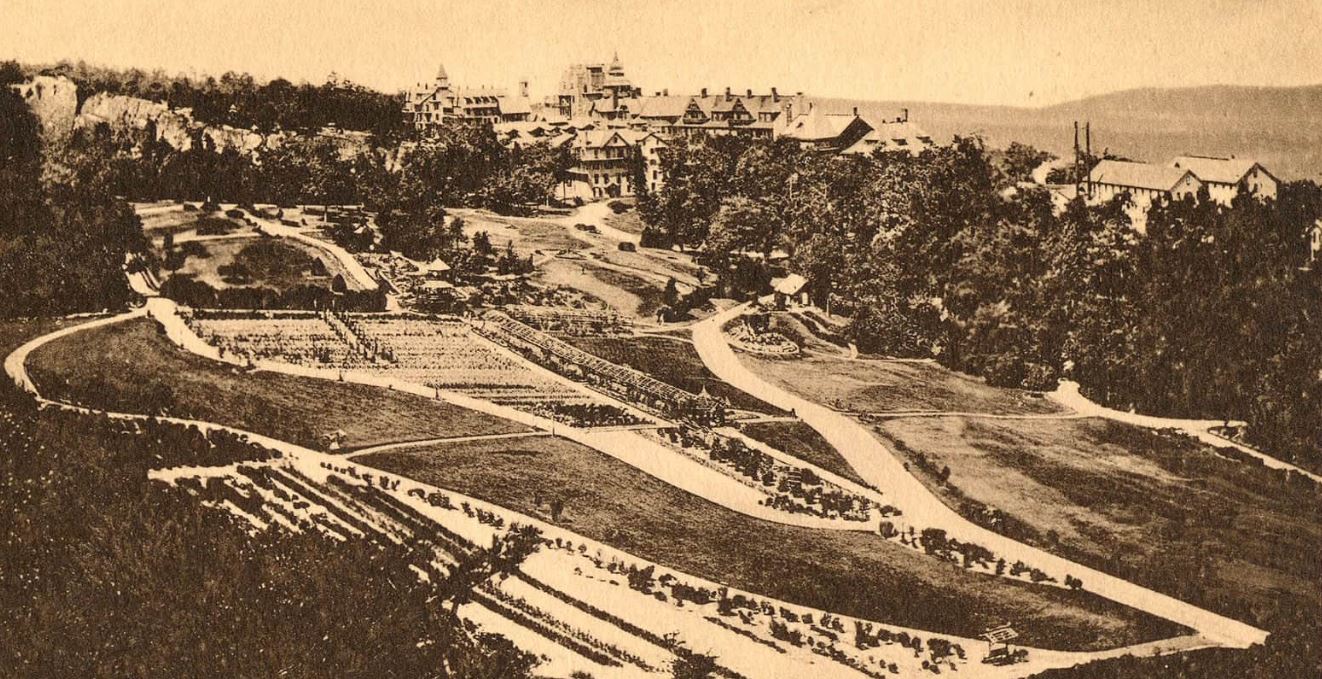 Historical Image of Exterior Aerial View, Mohonk Mountain House, 1869, Member of Historic Hotels of America, in New Paltz, New York, Golf