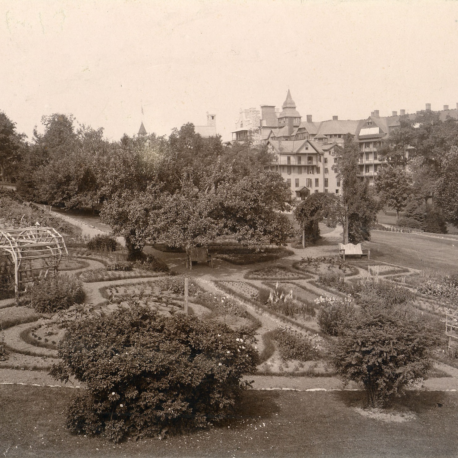 Historical Image of Gardens and Exterior, Historical Image of Exterior and Gardens Circa 1901, Mohonk Mountain House, 1869, Member of Historic Hotels of America, in New Paltz, New York.