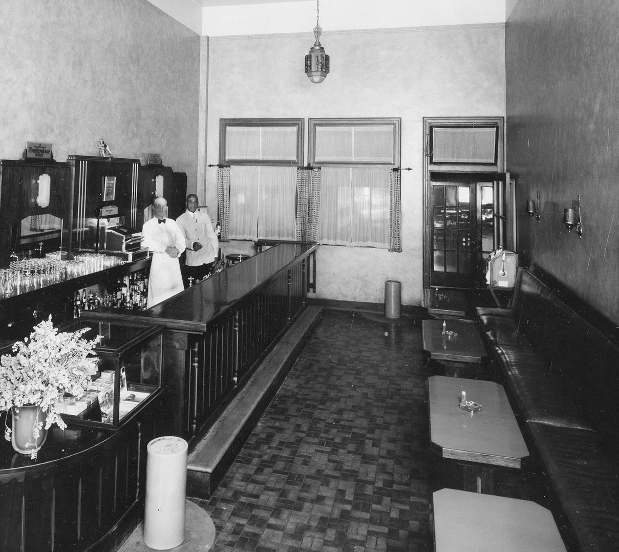 Historical Image of Bar with Staff Circa 1935, Hassayampa Inn, 1927, Historic Hotels of America, in Prescott, Arizona.