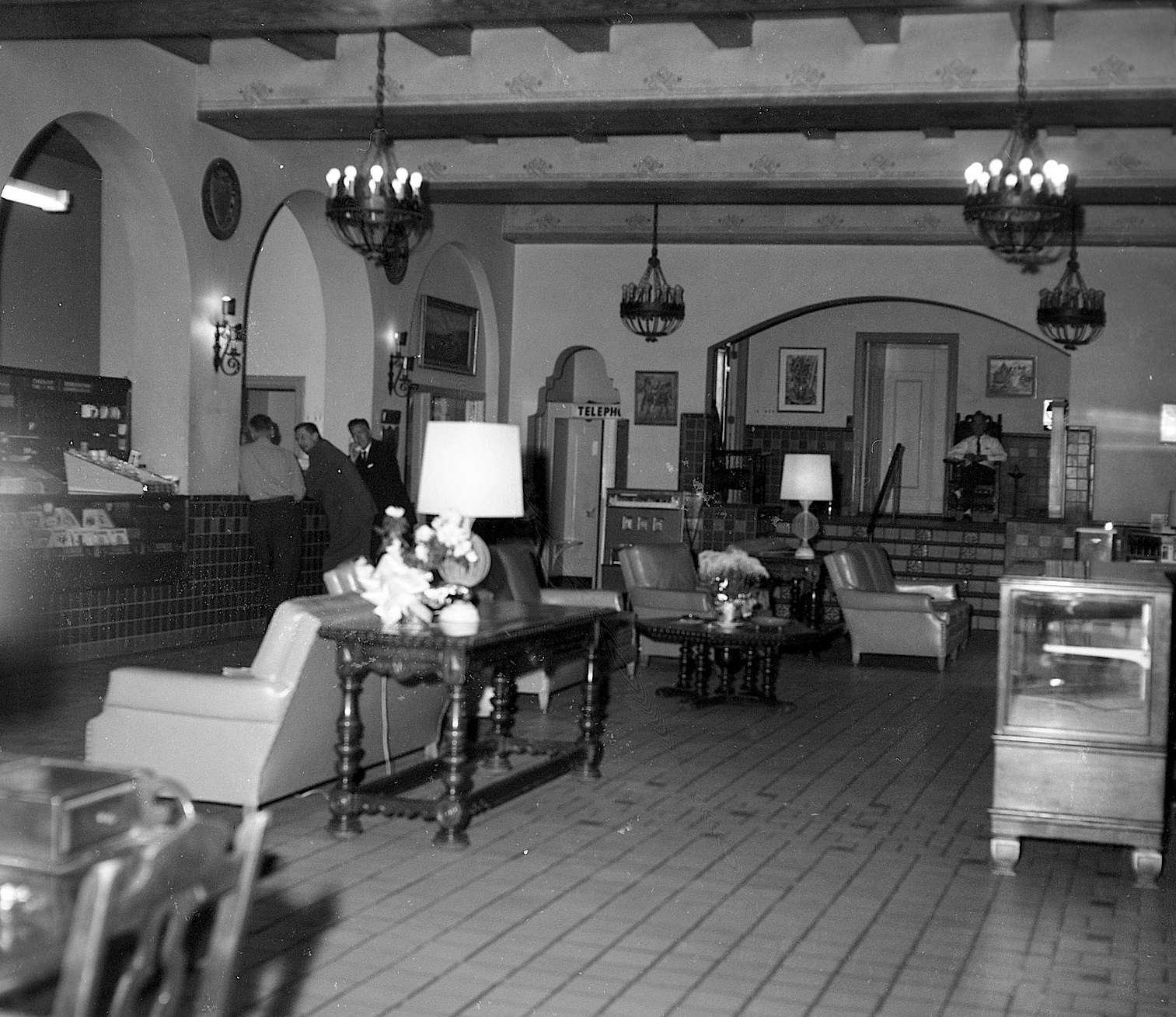 Historical Image of Interior Lobby Lounge Area with Patrons and Furniture, Hassayampa Inn, 1927, Member of Historic Hotels of America, in Prescott, Arizona