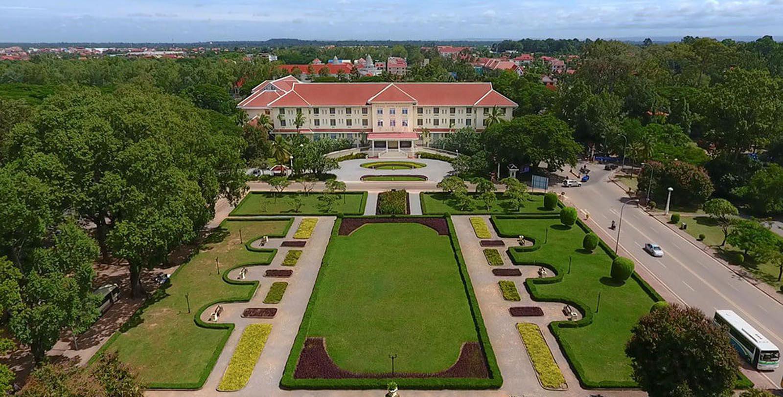 Image of Aerial Exterior View of Hotel Raffles Grand Hotel D'Angkor, 1932, Member of Historic Hotels Worldwide, in Siem Reap, Cambodia, Discover