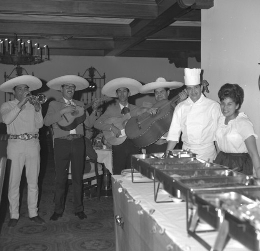 Historical Image of Banquet with Mariachi Band, La Fonda Santa, 1922, Member of Historic Hotels of America, in Santa Fe, New Mexico.