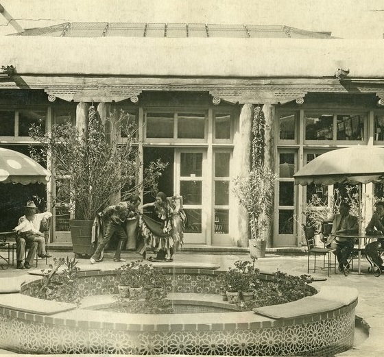 Historical Image of Exterior with Pool, La Fonda, 1922, Member of Historic Hotels of America, in Santa Fe, New Mexico.
