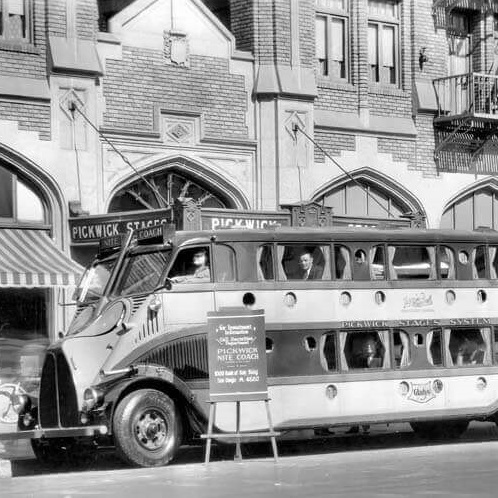 Historical Image of Bus Outside of Sofia Hotel, 1926, Member of Historic Hotels of America, in San Diego, California.