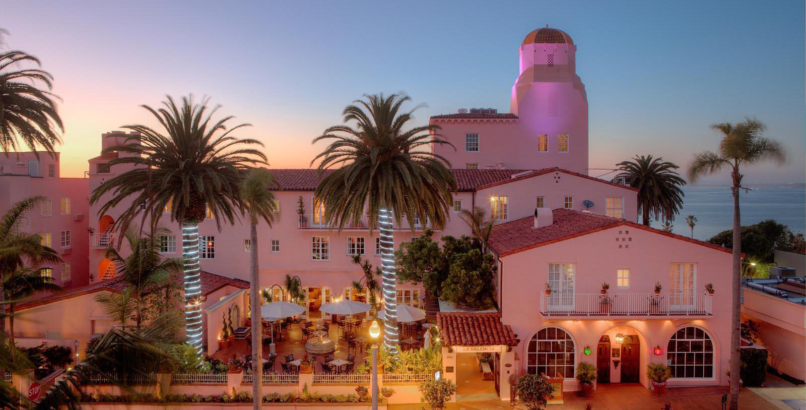 Image of Exterior at Night, La Valencia Hotel in La Jolla, Califronia, 1926, Member of Historic Hotels of America, Special Offers, Discounted Rates, Families, Romantic Escape, Honeymoons, Anniversaries, Reunions
