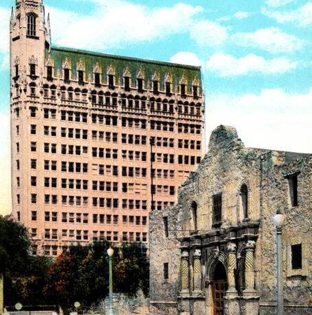 Historical image showing both the historic Alamo and the Medical Arts Building.
