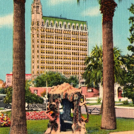 Historical image of Alamo Plaza with Medical Arts Building in the background.