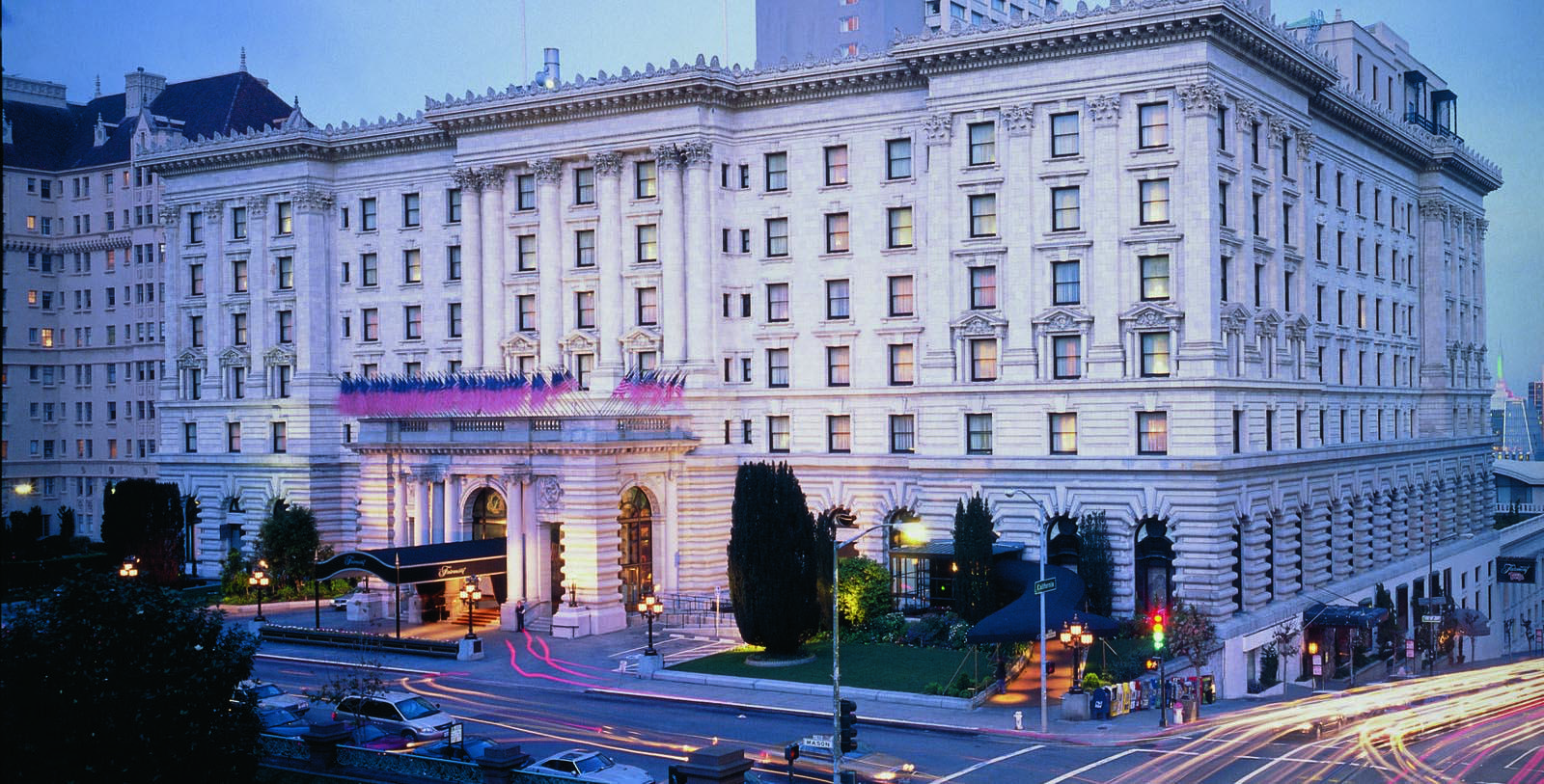 Image of Dining on Balcony with San Francisco skyline Hotel Exterior The Fairmont Hotel San Francisco, 1907, Member of Historic Hotels of America, in San Francisco, California, Explore