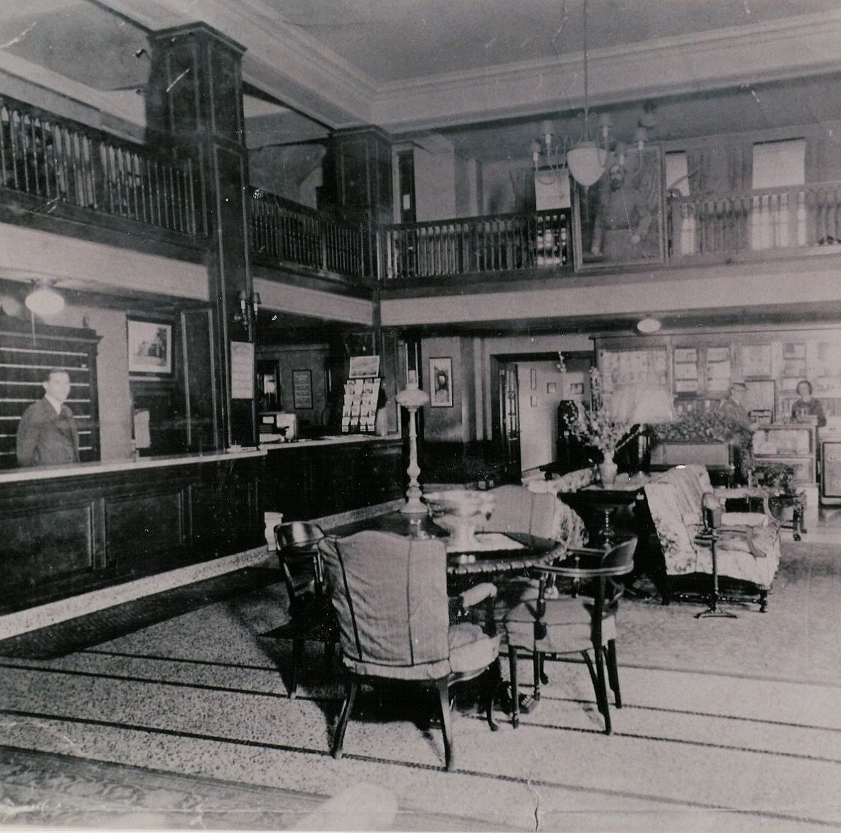 Historical Image of Interior Lobby, Hotel 24 South, 1924, Member of Historic Hotels of America, in Staunton, Virginia.