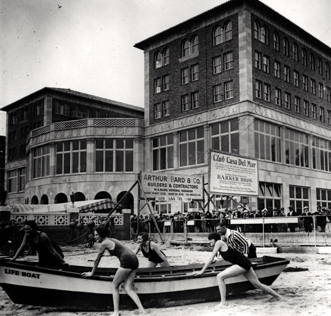 Historical Image of Lifeguards in Front of Exterior, Hotel Casa del Mar, 1926, Member of Historic Hotels of America, in Santa Monica, California.