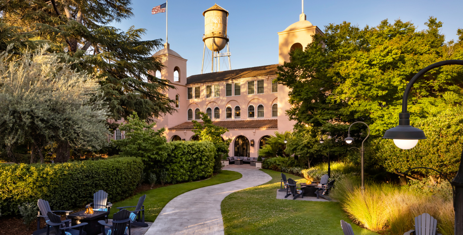 Image of hotel exterior at night Fairmont Sonoma Mission Inn & Spa, 1927, Member of Historic Hotels of America, in Sonoma, California, Overview