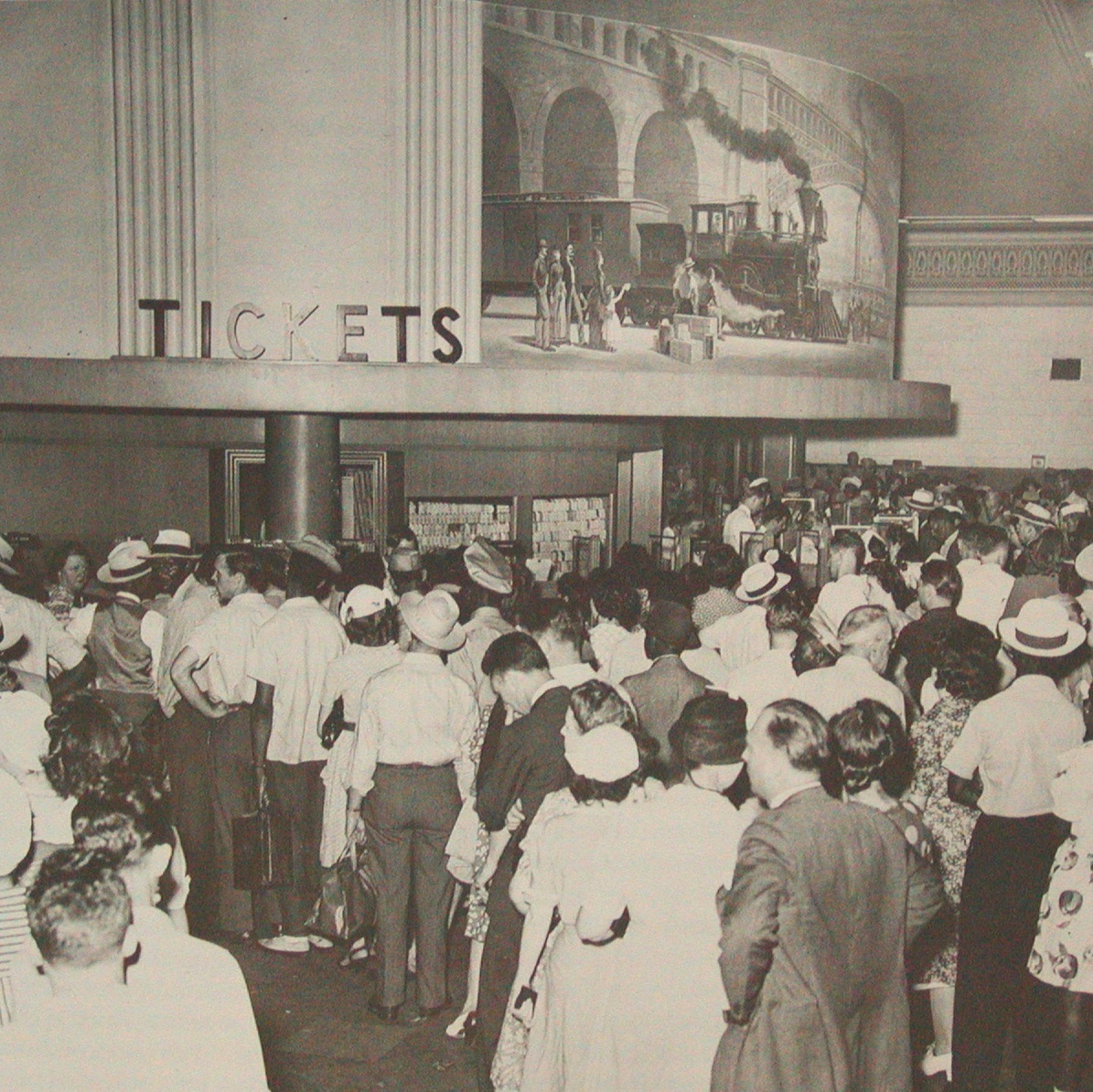 Historical Image of Crowded Ticket Counter, St. Louis Union Station Hotel, Curio Collection by Hilton, 1894, Member of Historic Hotels of America, in St. Louis, Missouri.