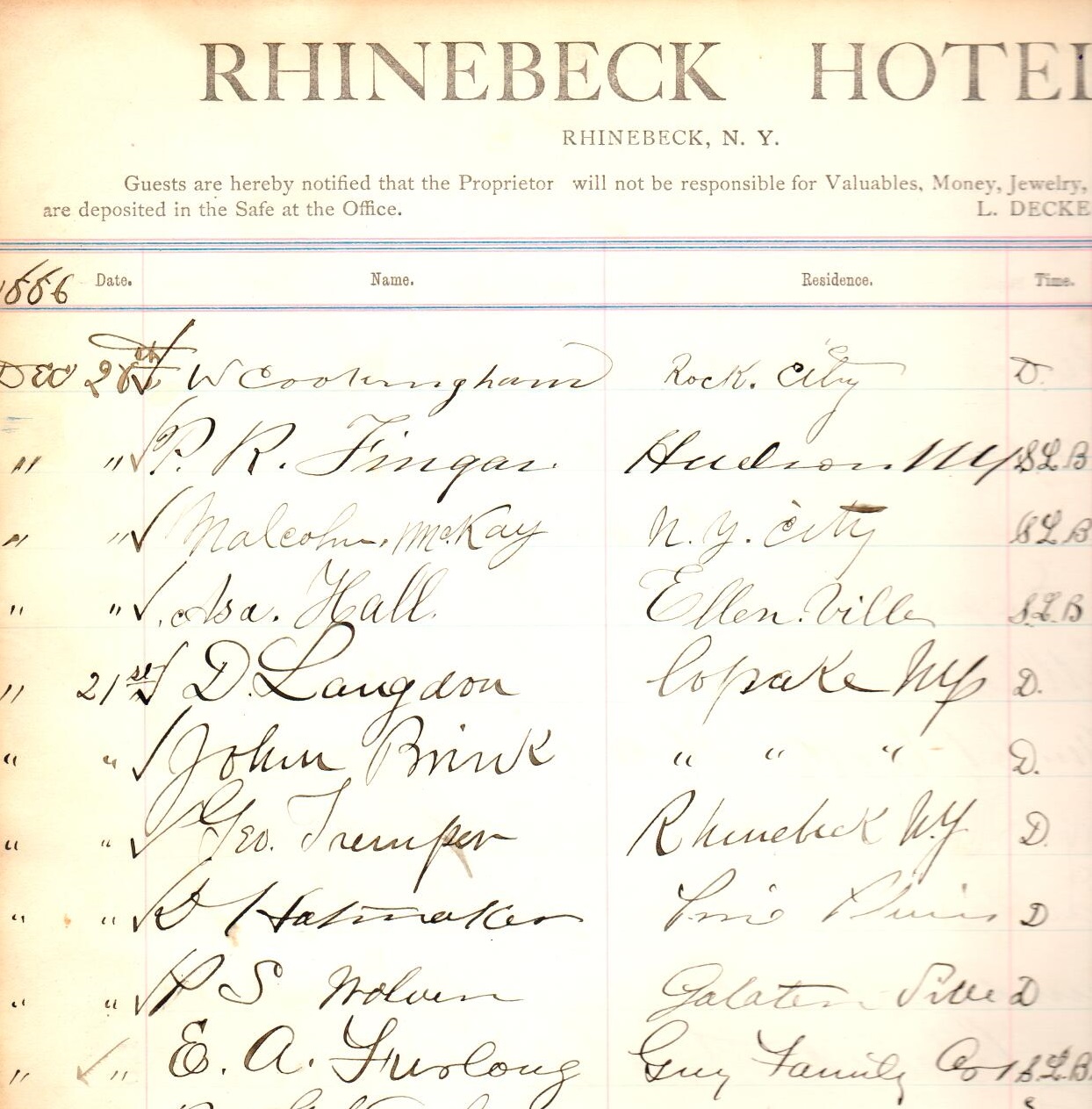 Historical Image of Guest Registry Circa 1886, Beekman Arms and Delamater Inn, 1766, Member of Historic Hotels of America, in Rhinebeck, New York.