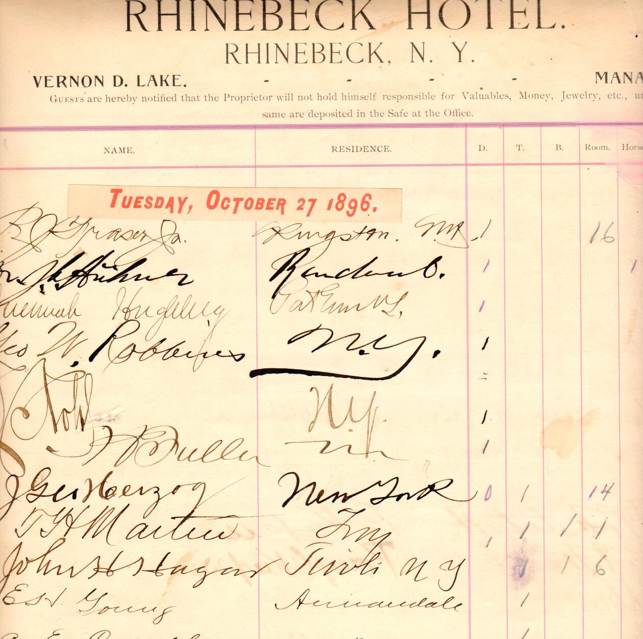Historical Image of Guest Registry Circa 1896, Beekman Arms and Delamater Inn, 1766, Member of Historic Hotels of America, in Rhinebeck, New York.