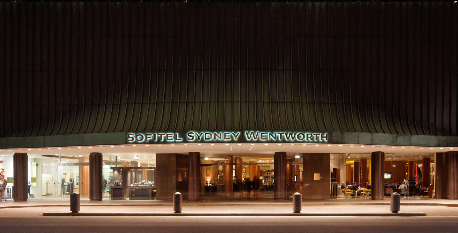 Image of exterior at night of Sofitel Sydney Wentworth, 1966, a Member of Historic Hotels Worldwide since 2023 in Sydney, Australia