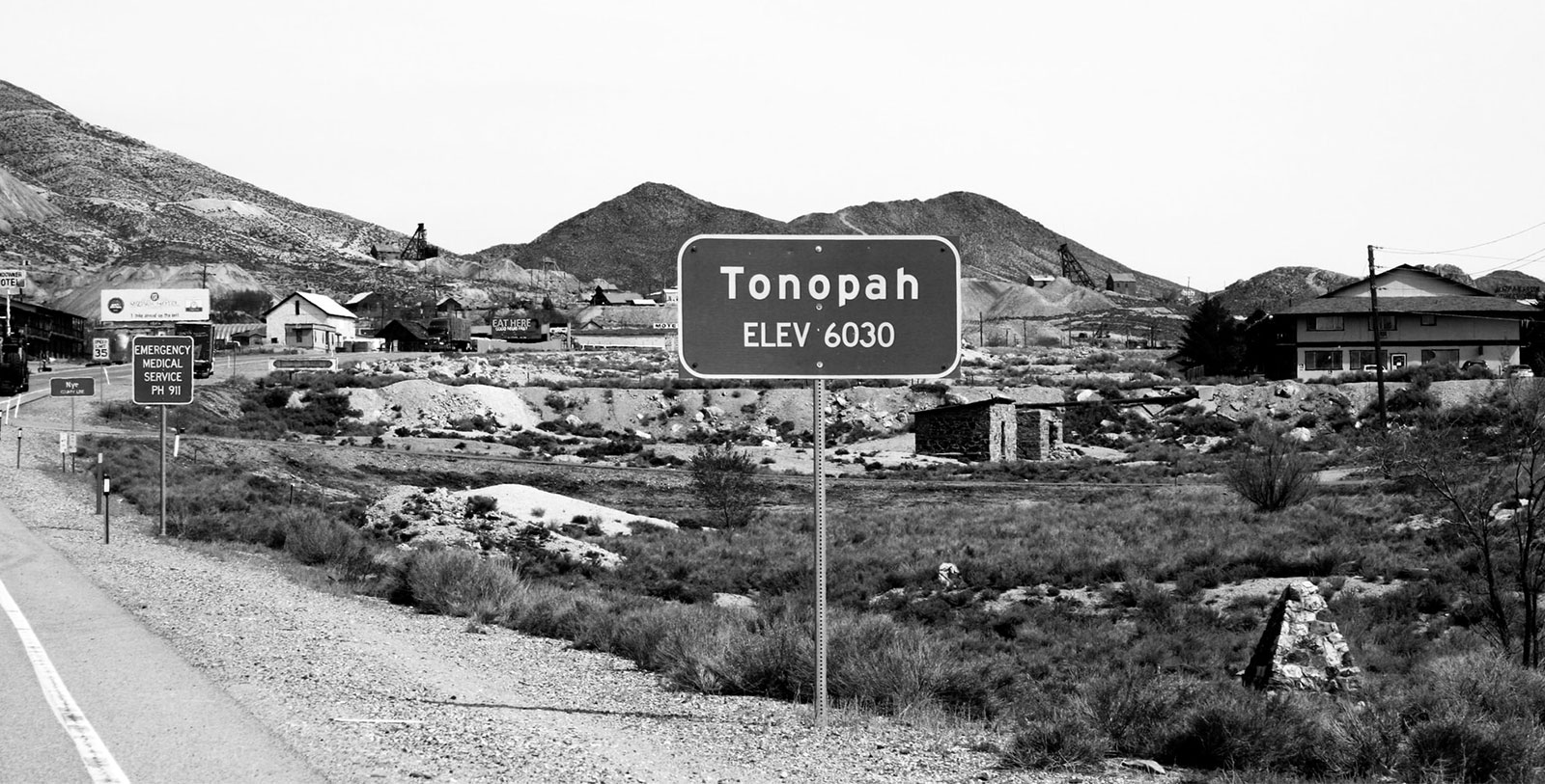 Image of Tonopah Road Sign, Mizpah Hotel in Topah, Nevada, 1907, Member of Historic Hotels of America, Explore