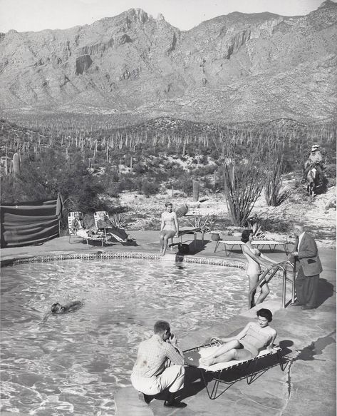 Historical Image of Outdoor Pool with Sunbathers, Hacienda Del Sol Guest Ranch Resort, 1929, Member of Historic Hotels of America, in Tuscon, Arizona.