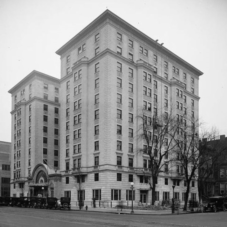 Historical Image of Current Exterior with Vintage Automobiles, Hamilton Hotel, 1922, Member of Historic Hotels of America, in Washington, D.C.
