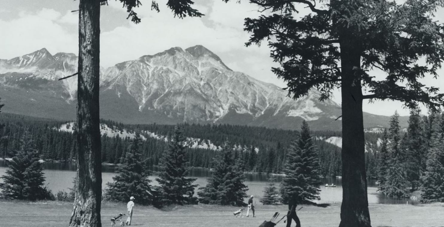 Historical Image of Golfers Walking Course, Fairmont Jasper Park Lodge, 1922, Member of Historic Hotels Worldwide, in Jasper, Canada, Golf.