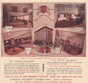 Historical Image of Hotel Belmont Brochure Circa 1921, Hotel Belmont Vancouver MGallery, 1911, Member of Historic Hotels Worldwide, in Vancouver, Canada.