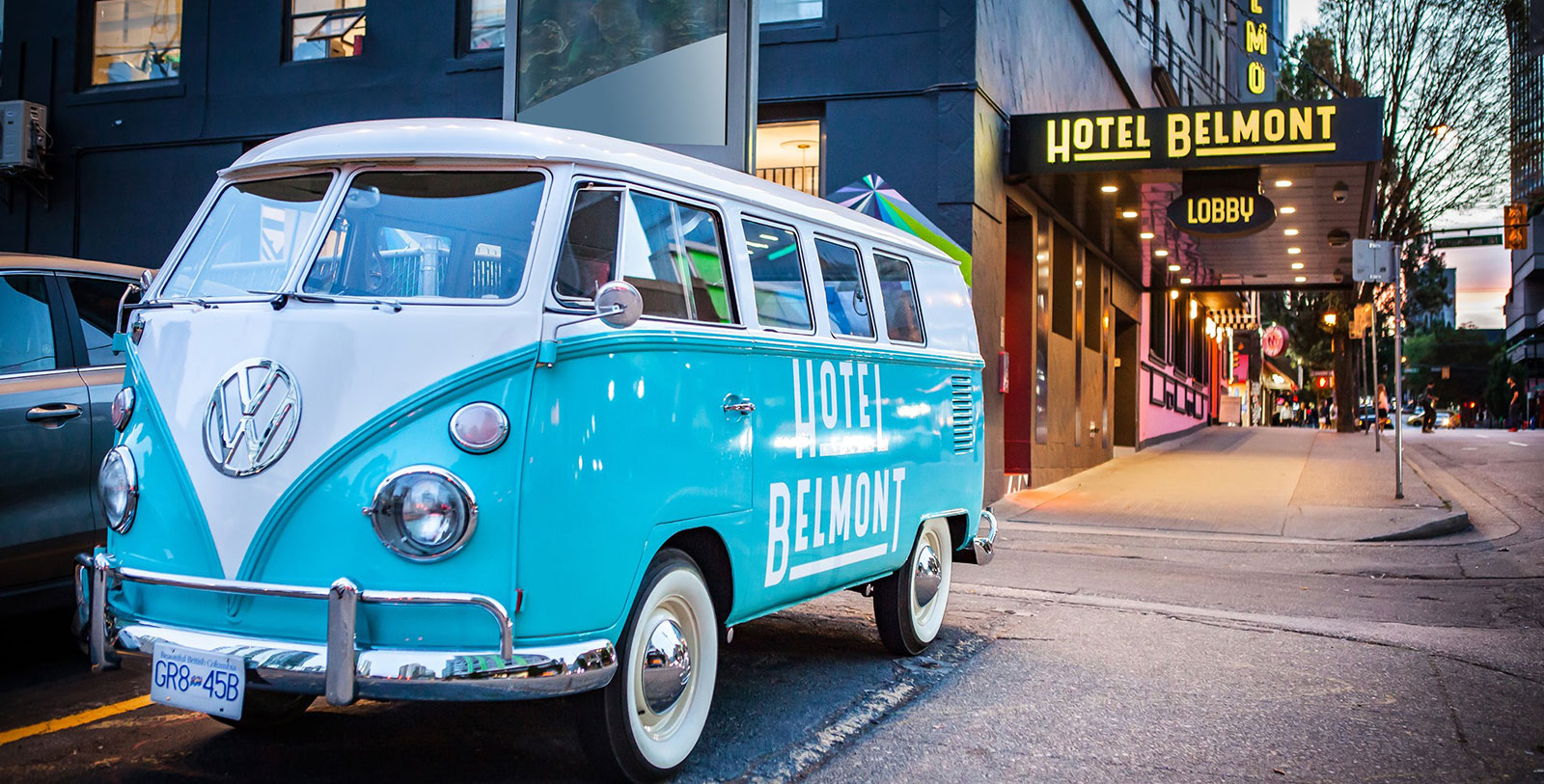 Image of Hotel Exterior with Teal Vintage Volkswagen Van parked outside of Hotel Belmont Vancouver MGallery, 1911, a Member of Historic Hotels Worldwide in Vancouver, British Columbia, Canada, Experience