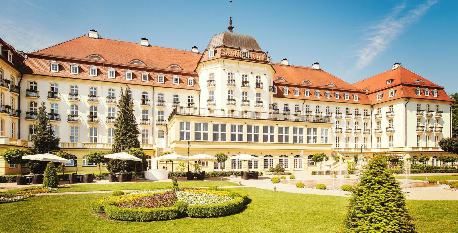 Daytime exterior and gardens of the Sofitel Grand Sopot in Poland.