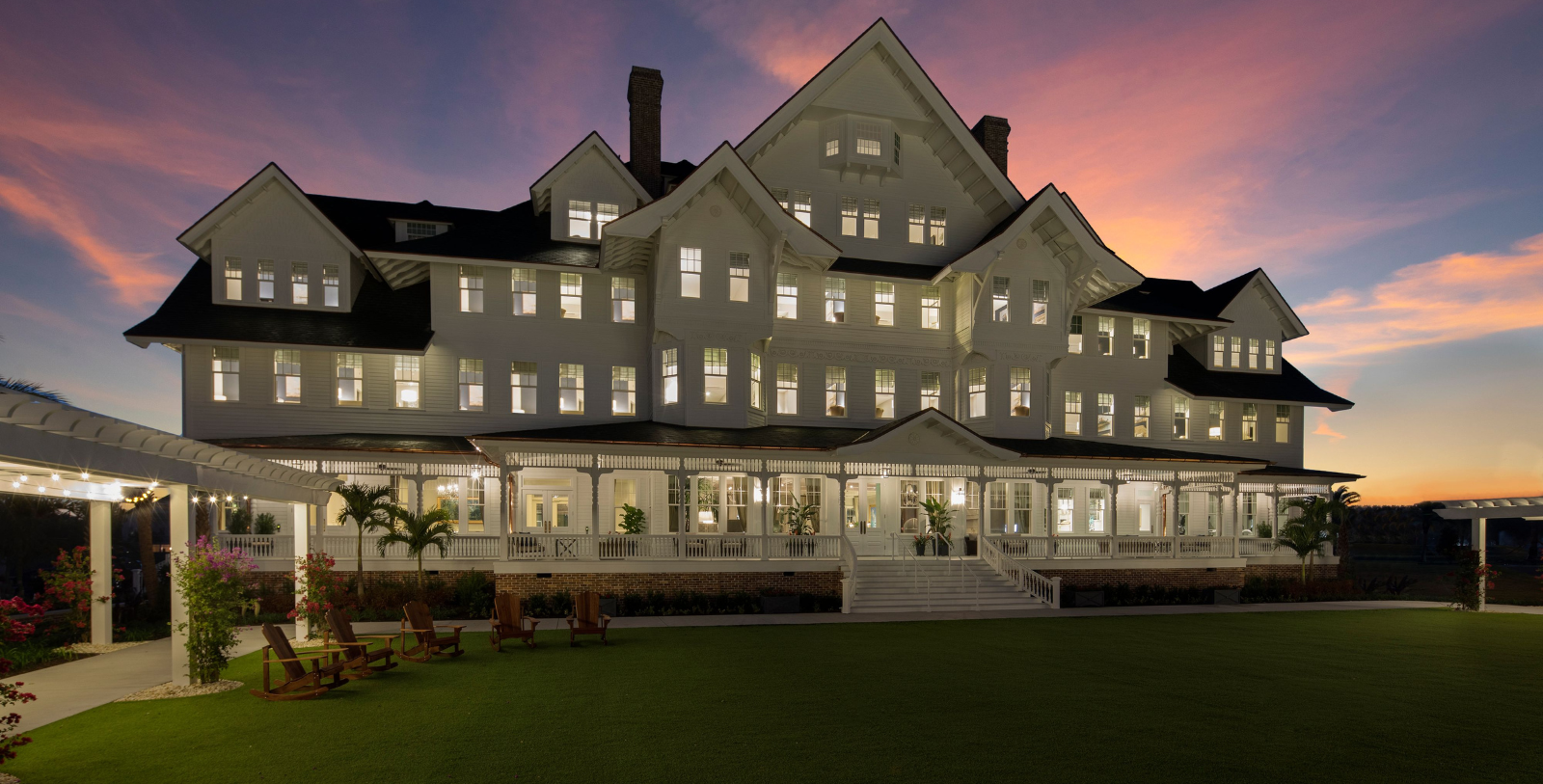 Image of Exterior at dusk of Belleview Inn in Belleair, Florida, opened in 1897 and a member of Historic Hotels of America since 2018.