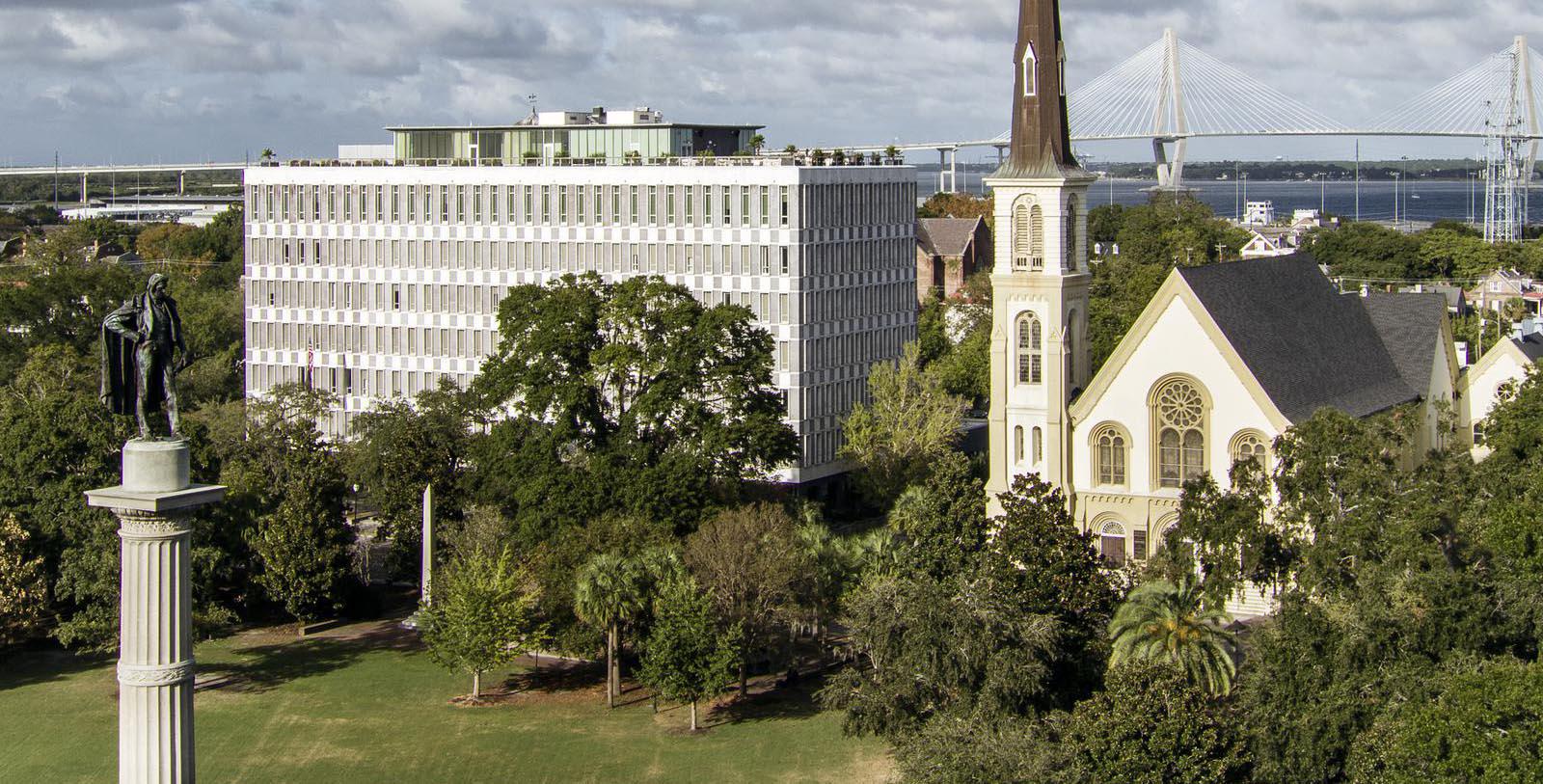 Daytime view of The Dewberry hotel and the Citadel Square Baptist Church.