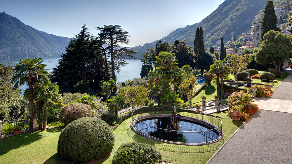 Formal lush gardens at Grand Hotel Tremezzo in Lake Como, Italy.