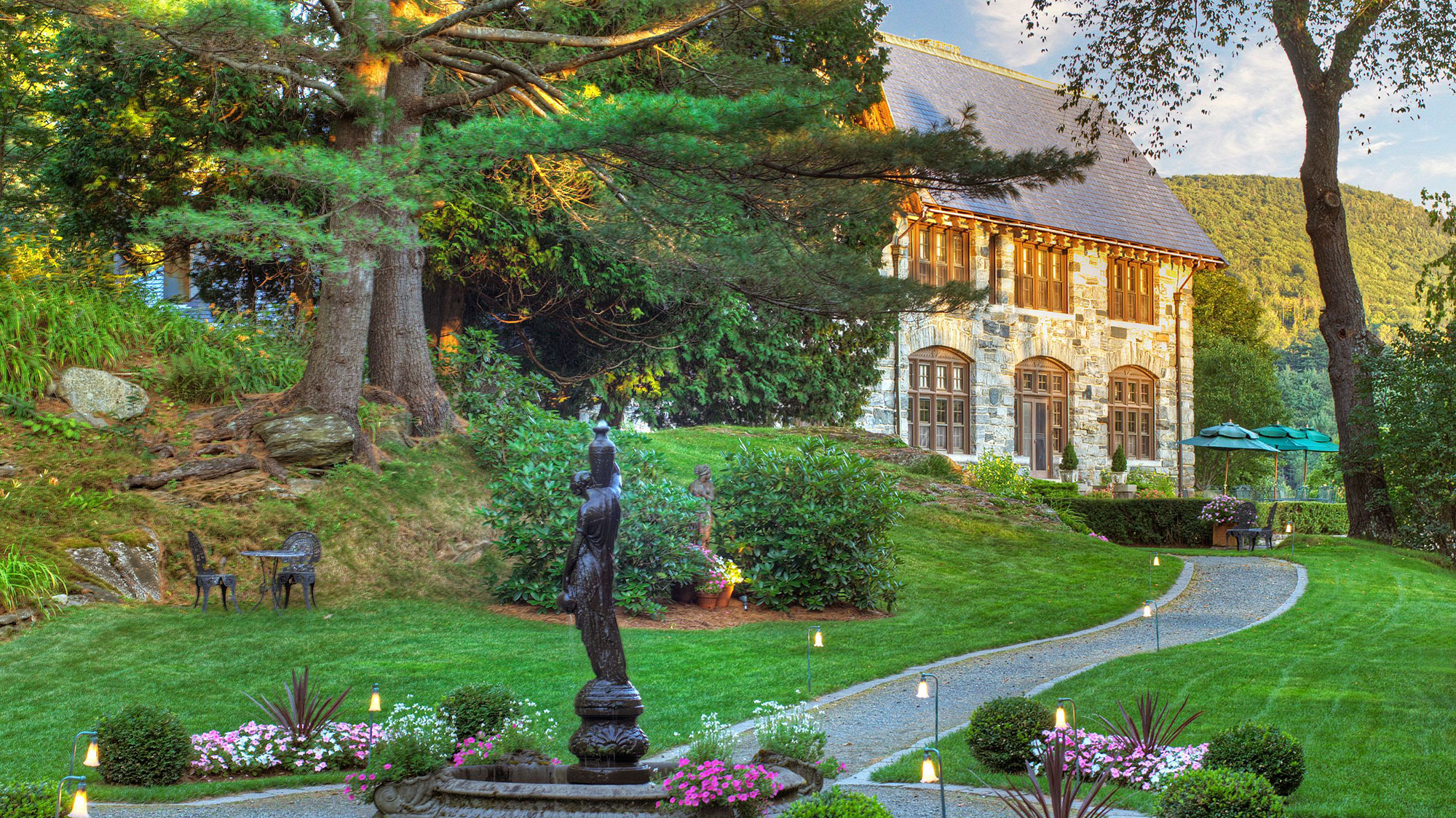 Exterior evening at Castle Hill Resort and Spa in Cavendish, Vermont.